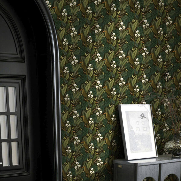 Wall Murals Tropical birds and lush greenery on dark jungle background a00397 Wall Murals Tropical birds and lush greenery on dark jungle background a00397