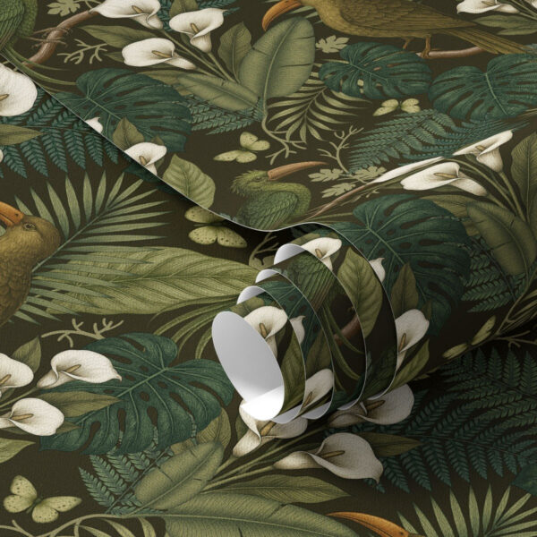 Wall Murals Tropical birds and lush greenery on dark jungle background a00397 Wall Murals Tropical birds and lush greenery on dark jungle background a00397