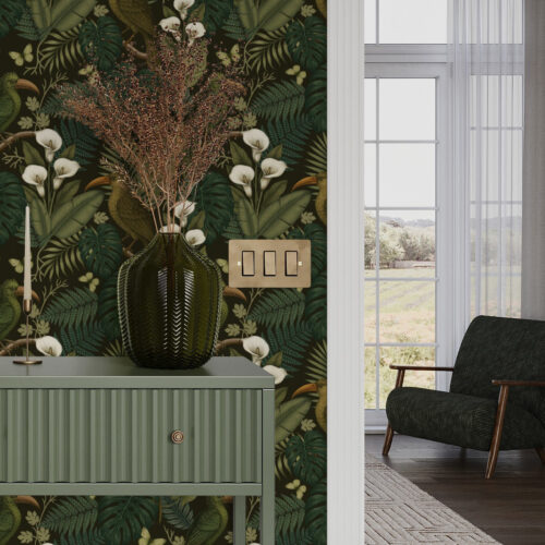Wall Murals Tropical birds and lush greenery on dark jungle background a00397
