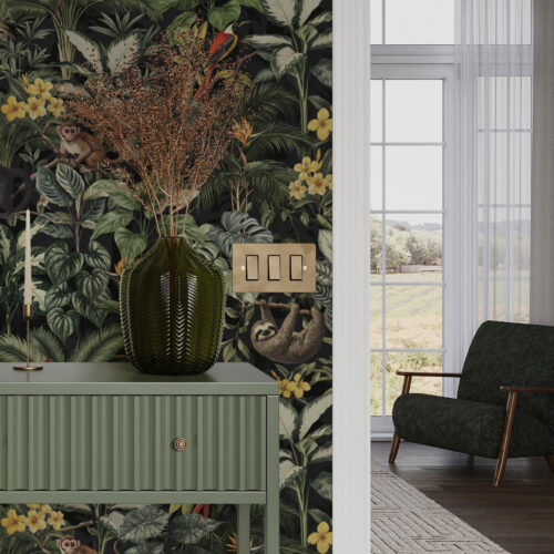 Wall Murals Tropical jungle with monkeys, birds and dense foliage a00191