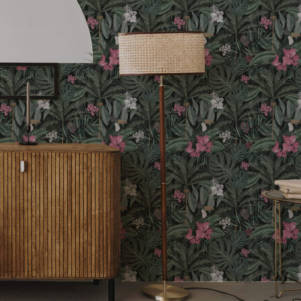 Wall Murals Tropical leaves and bird on a dark background a00140 Wall Murals Tropical leaves and bird on a dark background a00140