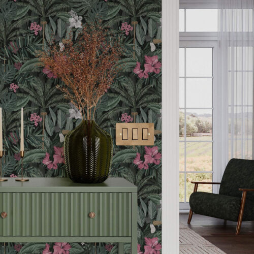 Wall Murals Tropical leaves and bird on a dark background a00140
