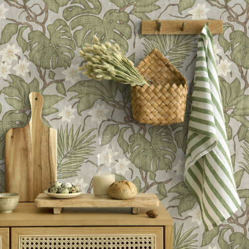 Wall Murals Tropical monstera leaves and flowers on a gray background a00249
