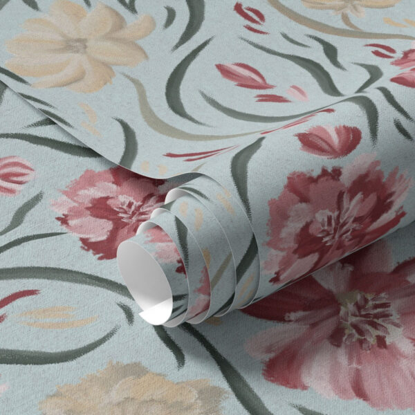 Wall Murals Watercolor flowers on a blue background, red and beige pattern a00216