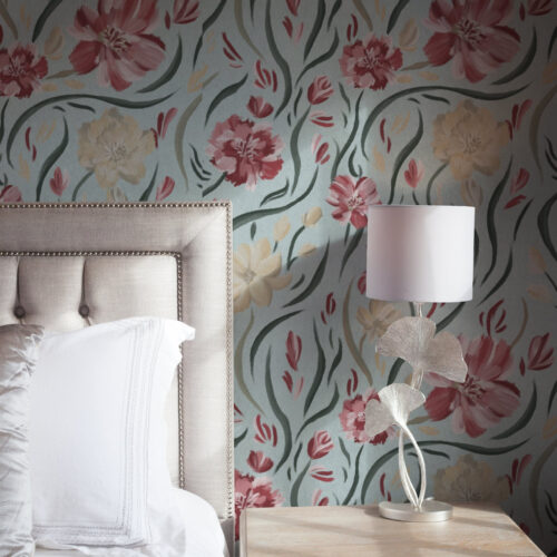 Wall Murals Watercolor flowers on a blue background, red and beige pattern a00216