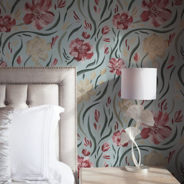 Wall Murals Watercolor flowers on a blue background, red and beige pattern a00216