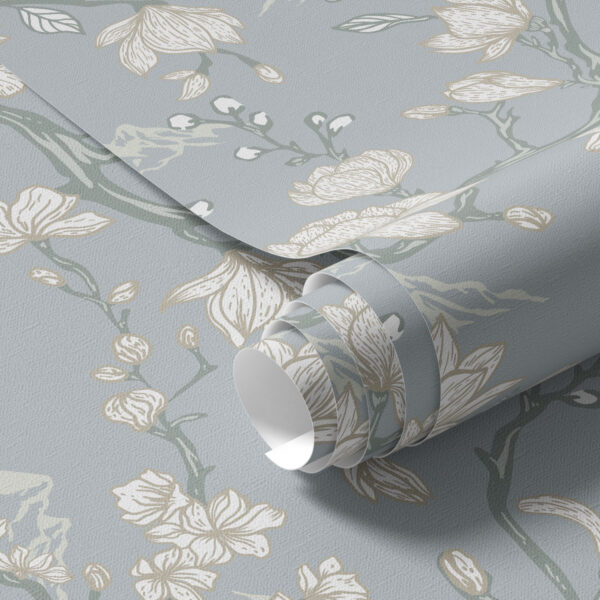 Wall Murals White flowers on branches and mountains on a blue background a00021 Wall Murals White flowers on branches and mountains on a blue background a00021