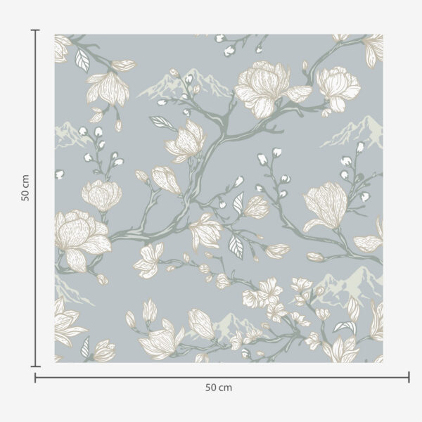Wall Murals White flowers on branches and mountains on a blue background a00021 Wall Murals White flowers on branches and mountains on a blue background a00021