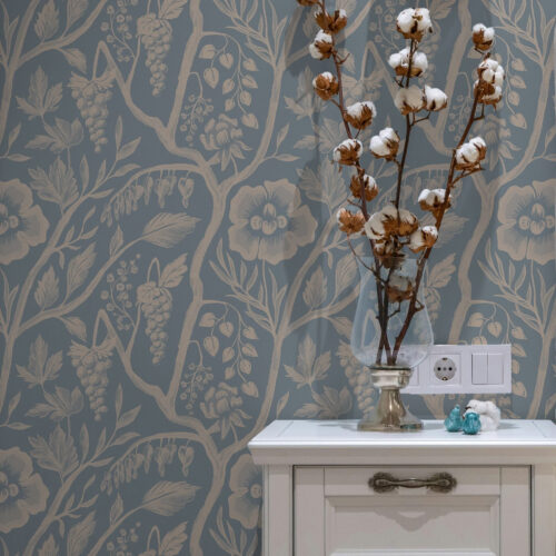 Wall Murals White flowers, stems and grapes on a blue background a00044