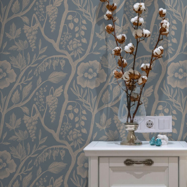 Wall Murals White flowers, stems and grapes on a blue background a00044 Wall Murals White flowers, stems and grapes on a blue background a00044