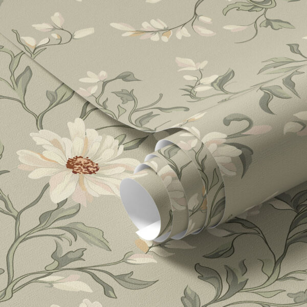 Wall Murals White flowers with wriggling leaves on light background a00001v1 Wall Murals White flowers with wriggling leaves on light background a00001v1