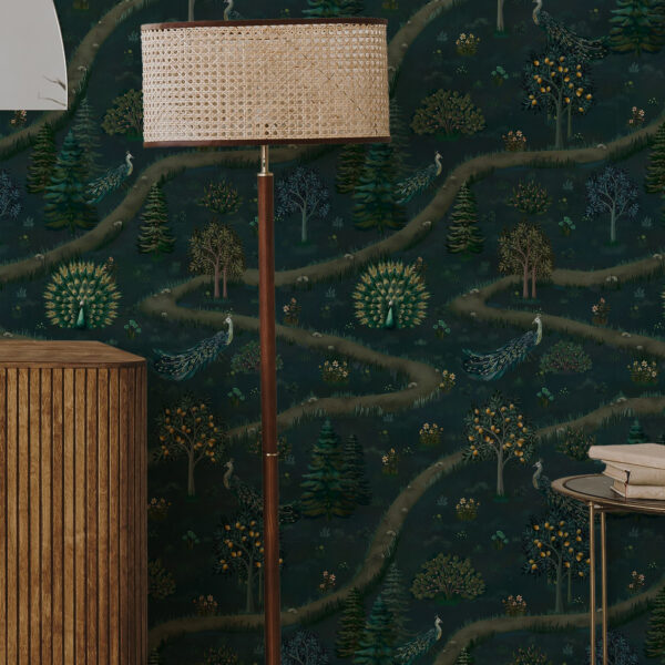 Wall Murals Winding path with peacocks and lemon trees on dark background a00041v1 Wall Murals Winding path with peacocks and lemon trees on dark background a00041v1