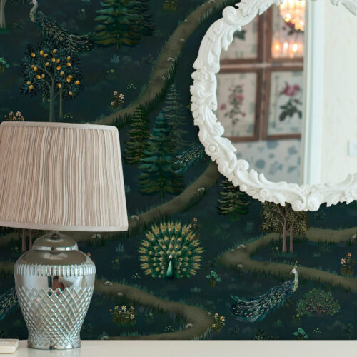 Wall Murals Winding path with peacocks and lemon trees on dark background a00041v1